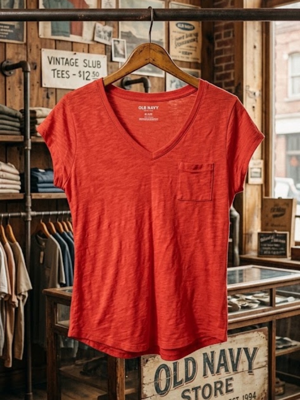 Old Navy Women's Coral Red V-Neck Pocket Tee